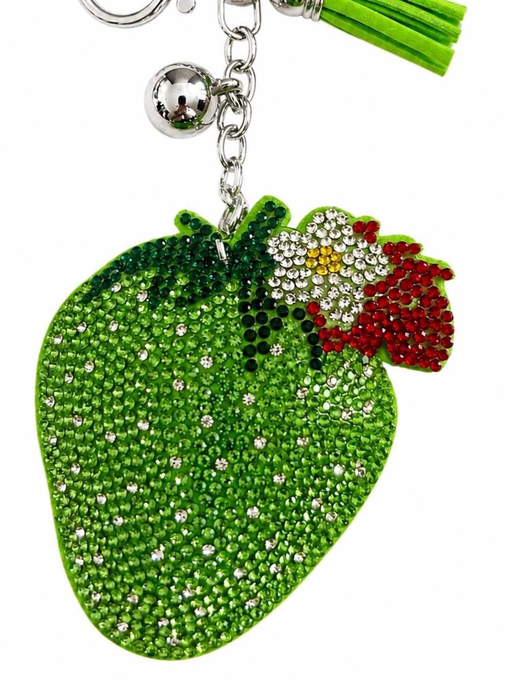 Green Strawberry Bag Charm Keychain Crystal Tassel Purse Charm - Picture 4 of 5
